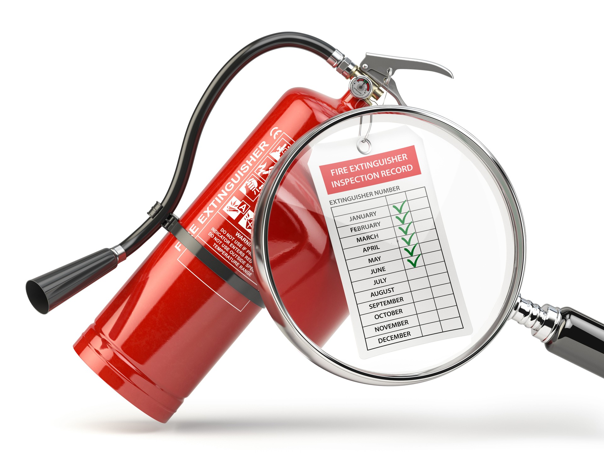 Fire extinguisher checking concept. Fire extinguisher,  loupe with checklist.